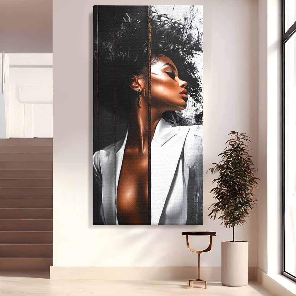 Tablou Canvas Premium, LuxCanva® G1182, Forta Feminitatii, Alb, Negru, Stil, Eleganta, Armonie, Lux, Urban, Auriu, Blazer, Par, Portret, Dinamism, Fashion, Birou, Living, Dormitor