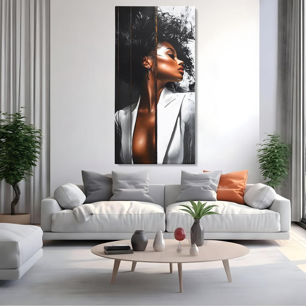 Tablou Canvas Premium, LuxCanva® G1182, Forta Feminitatii, Alb, Negru, Stil, Eleganta, Armonie, Lux, Urban, Auriu, Blazer, Par, Portret, Dinamism, Fashion, Birou, Living, Dormitor