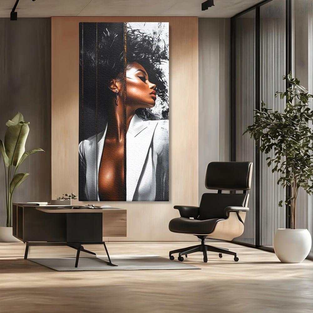 Tablou Canvas Premium, LuxCanva® G1182, Forta Feminitatii, Alb, Negru, Stil, Eleganta, Armonie, Lux, Urban, Auriu, Blazer, Par, Portret, Dinamism, Fashion, Birou, Living, Dormitor