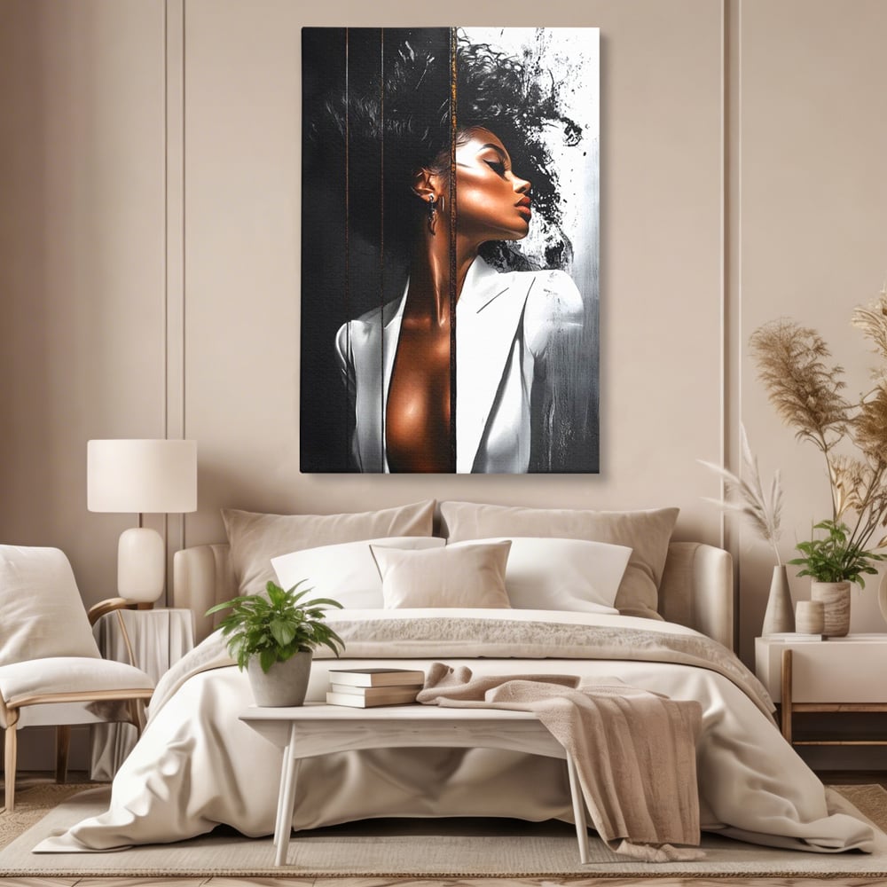 Tablou Canvas Premium, LuxCanva® G1182, Forta Feminitatii, Alb, Negru, Stil, Eleganta, Armonie, Lux, Urban, Auriu, Blazer, Par, Portret, Dinamism, Fashion, Birou, Living, Dormitor