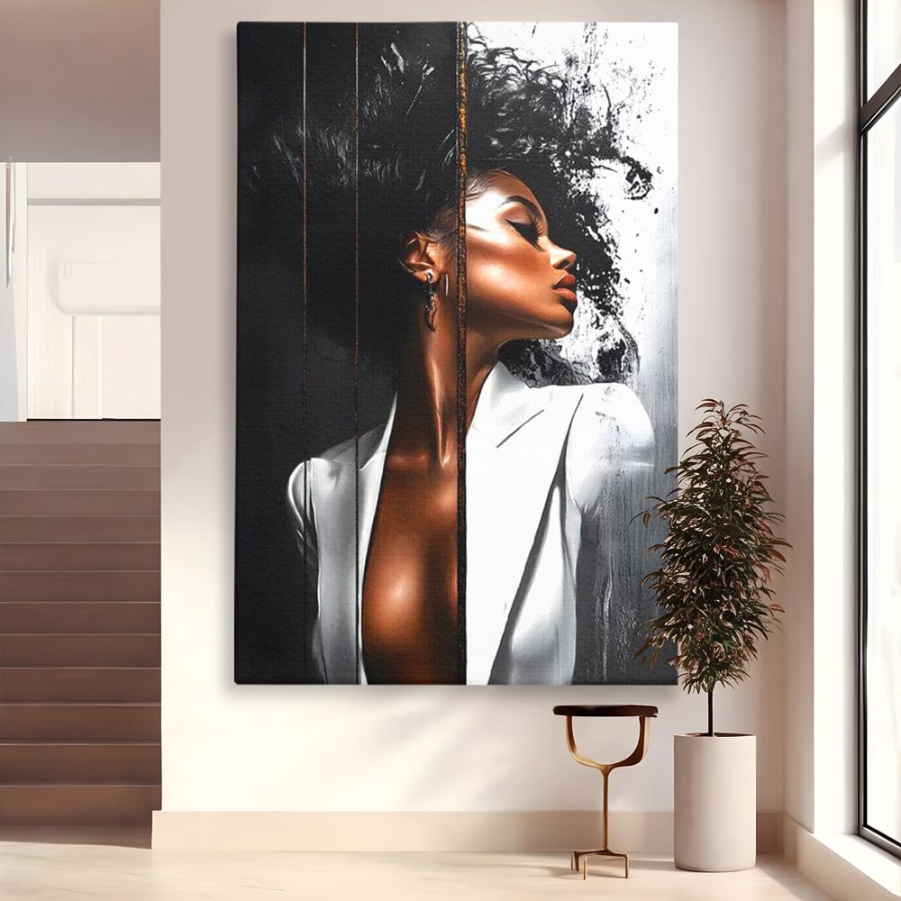 Tablou Canvas Premium, LuxCanva® G1182, Forta Feminitatii, Alb, Negru, Stil, Eleganta, Armonie, Lux, Urban, Auriu, Blazer, Par, Portret, Dinamism, Fashion, Birou, Living, Dormitor