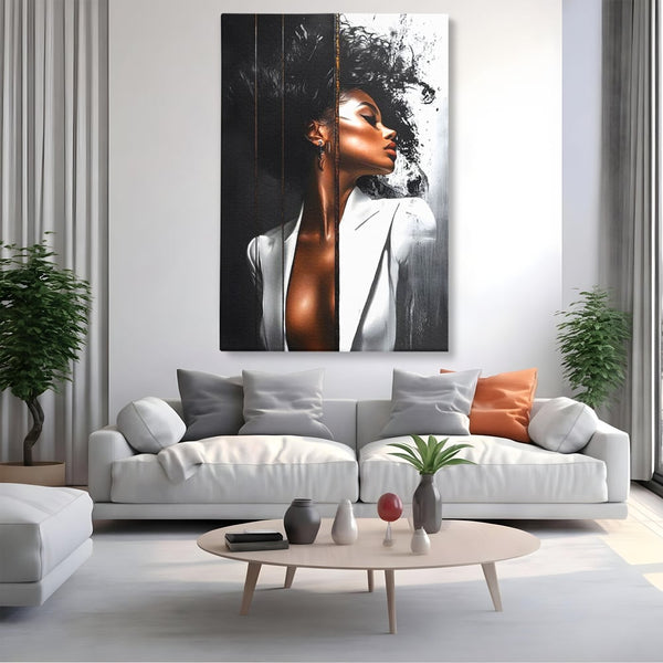 Tablou Canvas Premium, LuxCanva® G1182, Forta Feminitatii, Alb, Negru, Stil, Eleganta, Armonie, Lux, Urban, Auriu, Blazer, Par, Portret, Dinamism, Fashion, Birou, Living, Dormitor