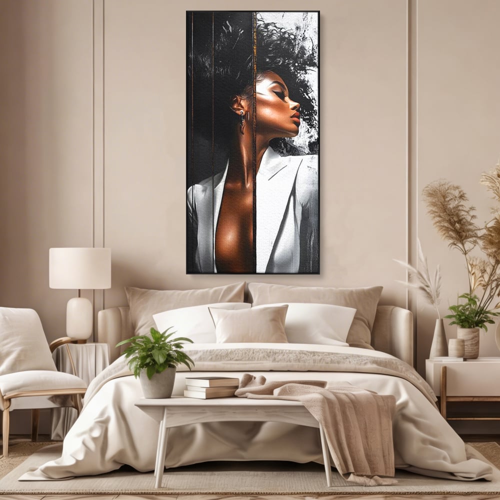 Tablou Canvas Premium, LuxCanva® G1182, Forta Feminitatii, Alb, Negru, Stil, Eleganta, Armonie, Lux, Urban, Auriu, Blazer, Par, Portret, Dinamism, Fashion, Birou, Living, Dormitor