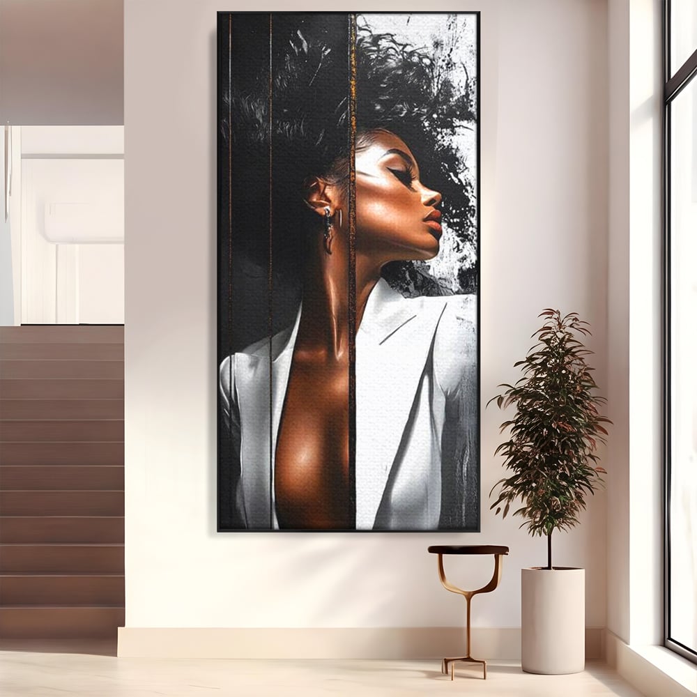 Tablou Canvas Premium, LuxCanva® G1182, Forta Feminitatii, Alb, Negru, Stil, Eleganta, Armonie, Lux, Urban, Auriu, Blazer, Par, Portret, Dinamism, Fashion, Birou, Living, Dormitor