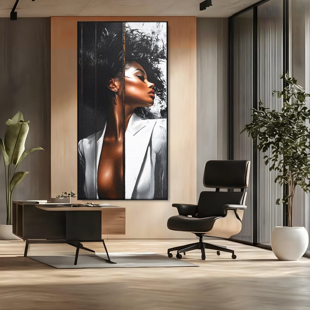 Tablou Canvas Premium, LuxCanva® G1182, Forta Feminitatii, Alb, Negru, Stil, Eleganta, Armonie, Lux, Urban, Auriu, Blazer, Par, Portret, Dinamism, Fashion, Birou, Living, Dormitor