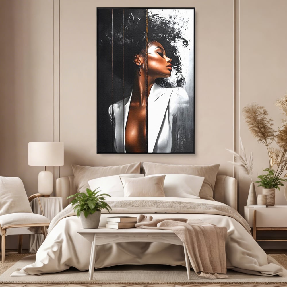 Tablou Canvas Premium, LuxCanva® G1182, Forta Feminitatii, Alb, Negru, Stil, Eleganta, Armonie, Lux, Urban, Auriu, Blazer, Par, Portret, Dinamism, Fashion, Birou, Living, Dormitor
