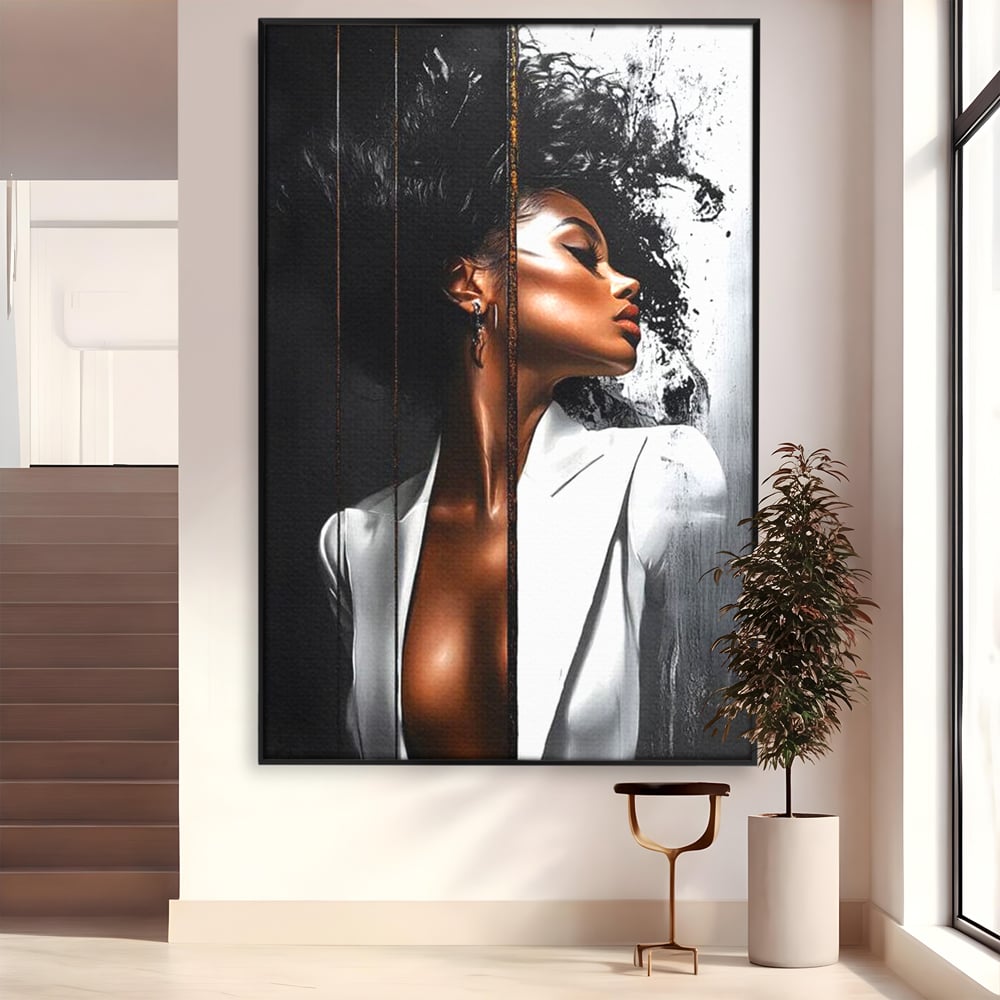 Tablou Canvas Premium, LuxCanva® G1182, Forta Feminitatii, Alb, Negru, Stil, Eleganta, Armonie, Lux, Urban, Auriu, Blazer, Par, Portret, Dinamism, Fashion, Birou, Living, Dormitor