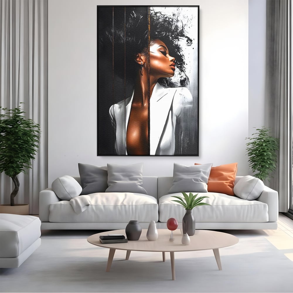 Tablou Canvas Premium, LuxCanva® G1182, Forta Feminitatii, Alb, Negru, Stil, Eleganta, Armonie, Lux, Urban, Auriu, Blazer, Par, Portret, Dinamism, Fashion, Birou, Living, Dormitor