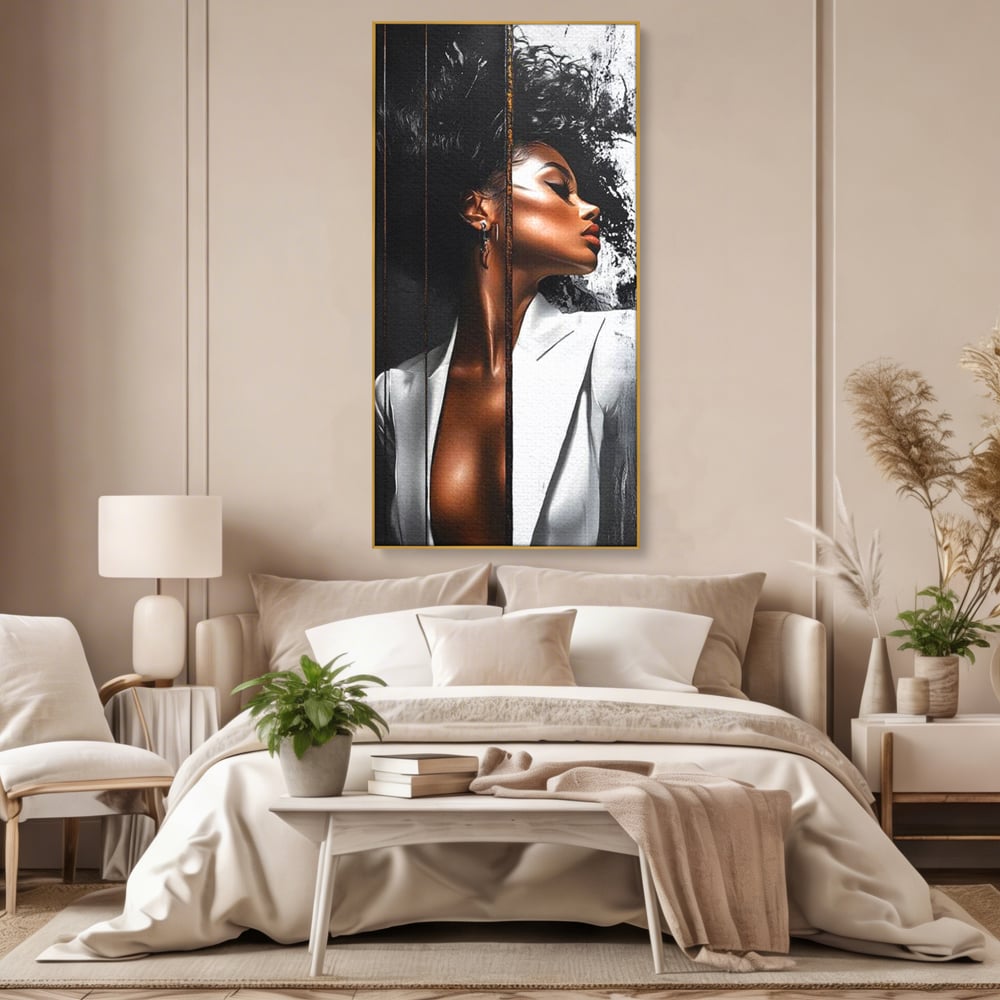Tablou Canvas Premium, LuxCanva® G1182, Forta Feminitatii, Alb, Negru, Stil, Eleganta, Armonie, Lux, Urban, Auriu, Blazer, Par, Portret, Dinamism, Fashion, Birou, Living, Dormitor