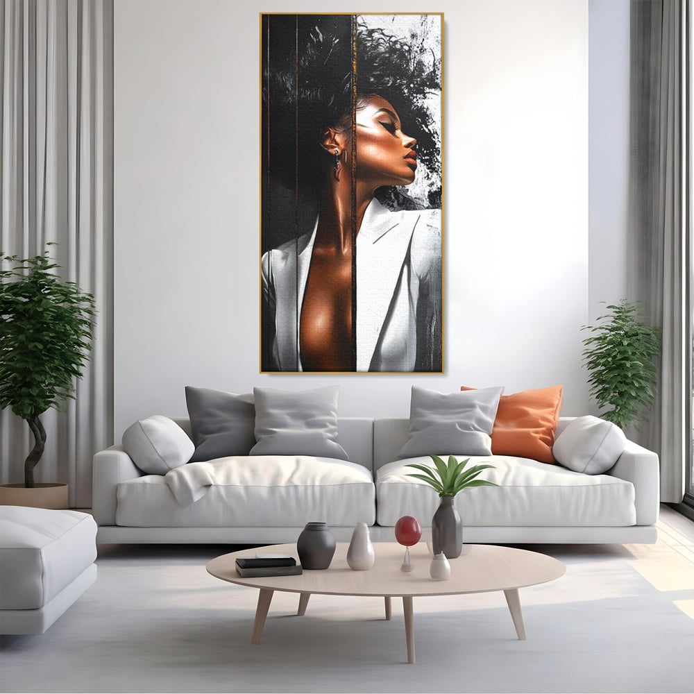 Tablou Canvas Premium, LuxCanva® G1182, Forta Feminitatii, Alb, Negru, Stil, Eleganta, Armonie, Lux, Urban, Auriu, Blazer, Par, Portret, Dinamism, Fashion, Birou, Living, Dormitor