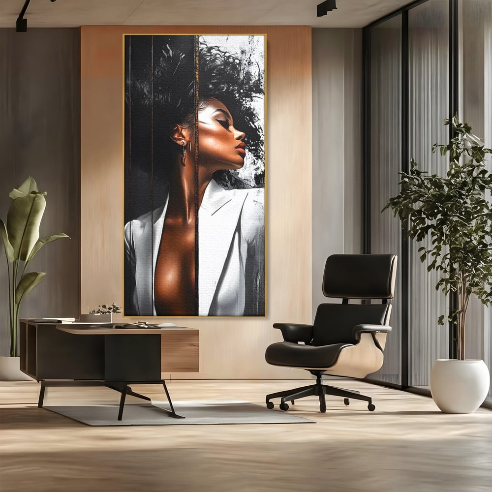 Tablou Canvas Premium, LuxCanva® G1182, Forta Feminitatii, Alb, Negru, Stil, Eleganta, Armonie, Lux, Urban, Auriu, Blazer, Par, Portret, Dinamism, Fashion, Birou, Living, Dormitor