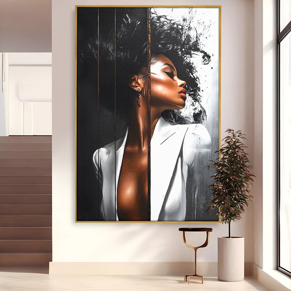 Tablou Canvas Premium, LuxCanva® G1182, Forta Feminitatii, Alb, Negru, Stil, Eleganta, Armonie, Lux, Urban, Auriu, Blazer, Par, Portret, Dinamism, Fashion, Birou, Living, Dormitor