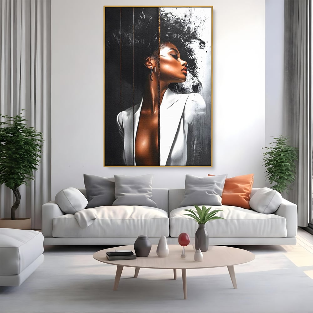 Tablou Canvas Premium, LuxCanva® G1182, Forta Feminitatii, Alb, Negru, Stil, Eleganta, Armonie, Lux, Urban, Auriu, Blazer, Par, Portret, Dinamism, Fashion, Birou, Living, Dormitor