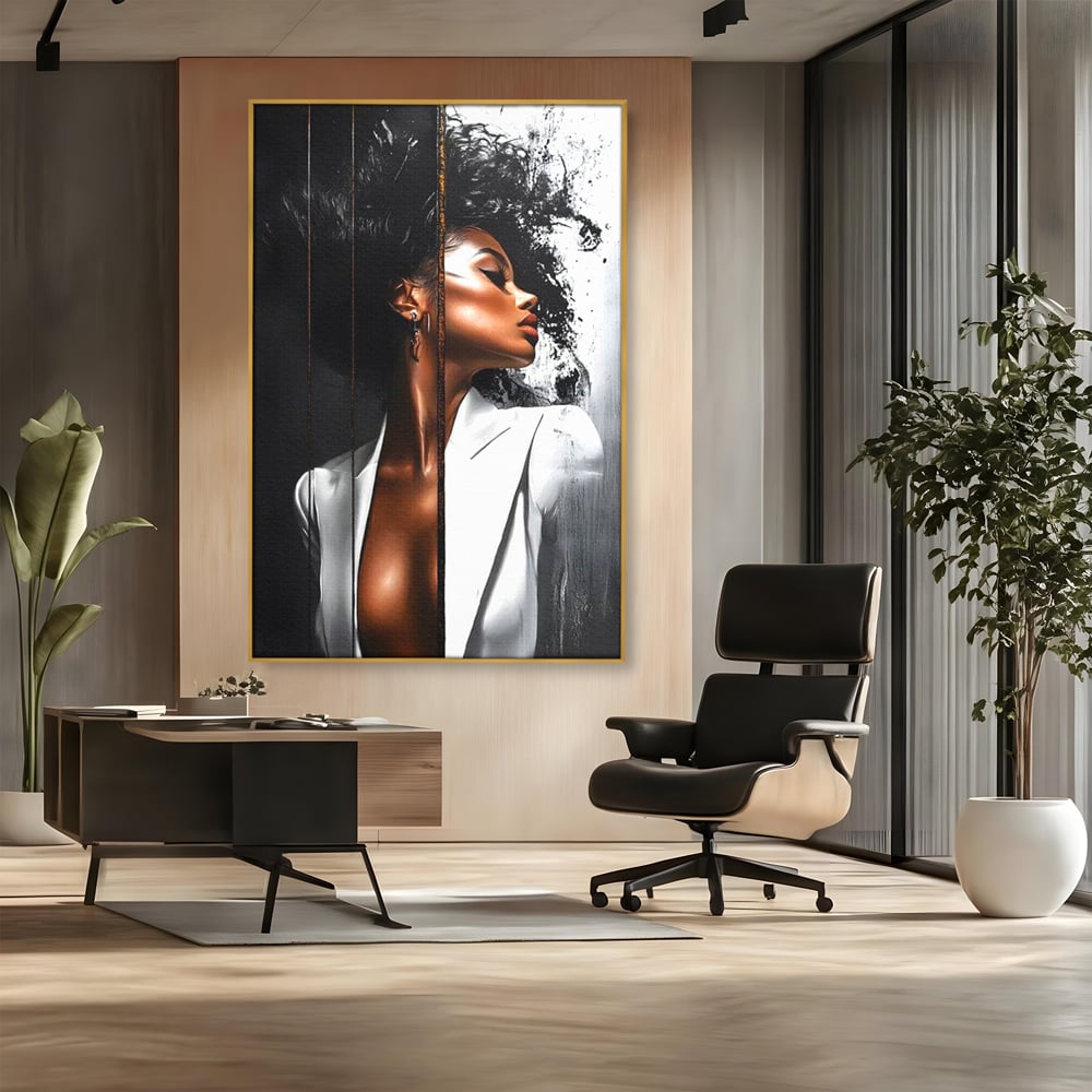Tablou Canvas Premium, LuxCanva® G1182, Forta Feminitatii, Alb, Negru, Stil, Eleganta, Armonie, Lux, Urban, Auriu, Blazer, Par, Portret, Dinamism, Fashion, Birou, Living, Dormitor