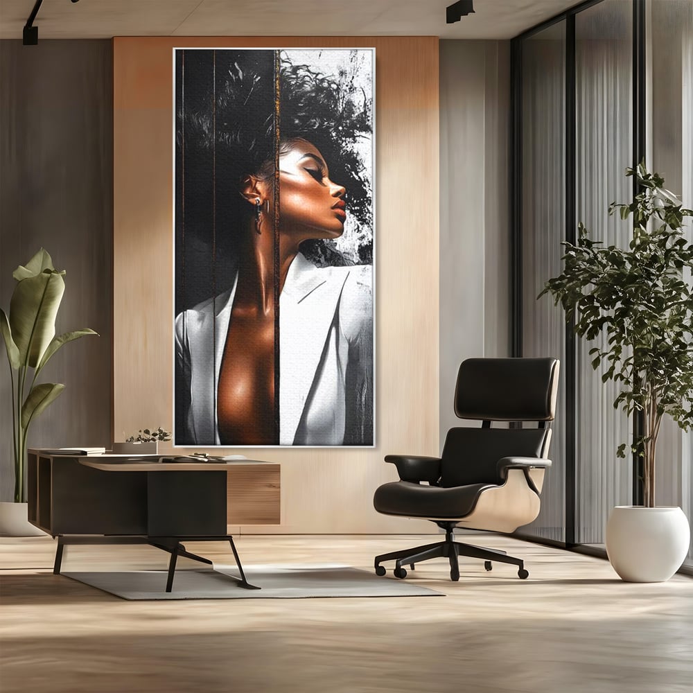 Tablou Canvas Premium, LuxCanva® G1182, Forta Feminitatii, Alb, Negru, Stil, Eleganta, Armonie, Lux, Urban, Auriu, Blazer, Par, Portret, Dinamism, Fashion, Birou, Living, Dormitor