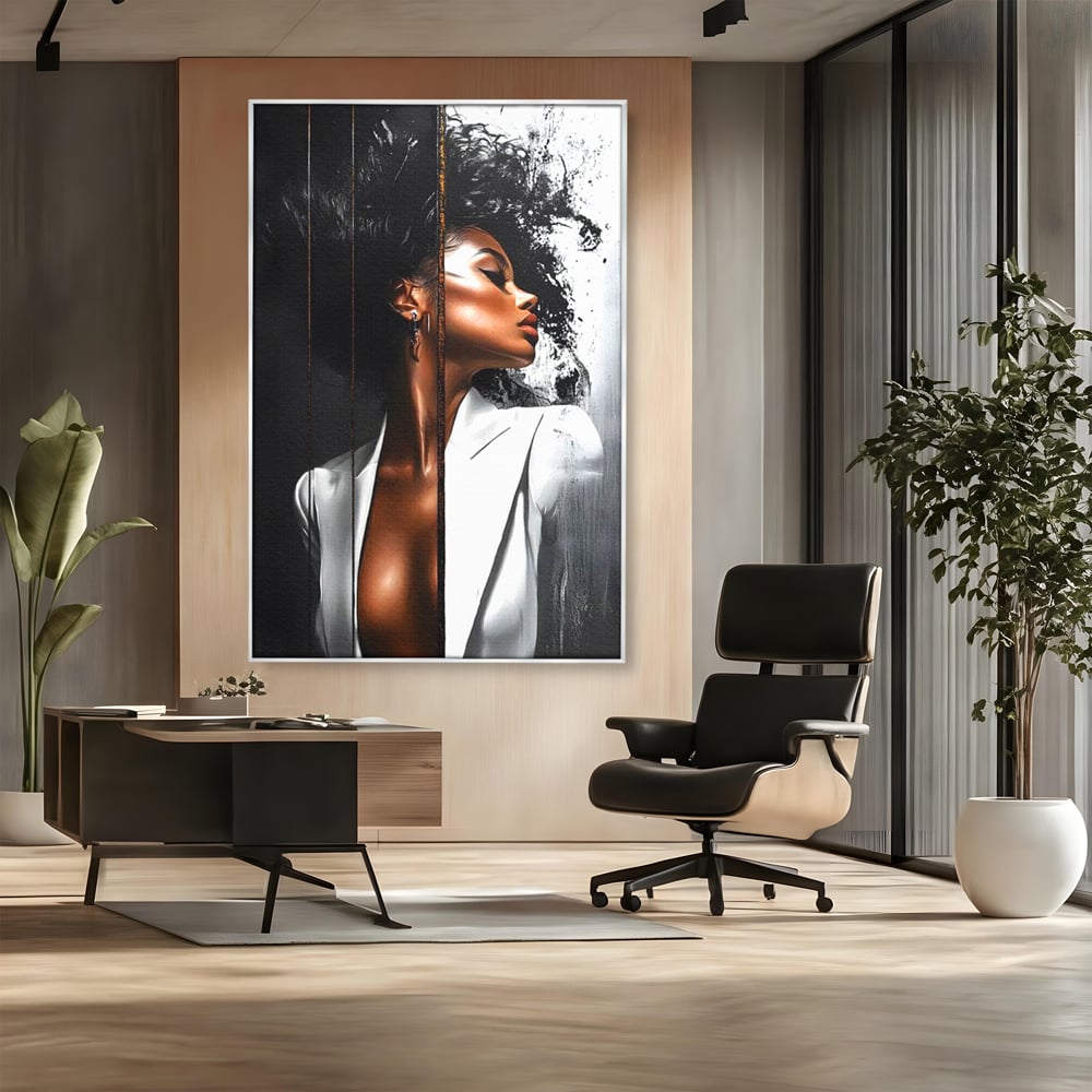 Tablou Canvas Premium, LuxCanva® G1182, Forta Feminitatii, Alb, Negru, Stil, Eleganta, Armonie, Lux, Urban, Auriu, Blazer, Par, Portret, Dinamism, Fashion, Birou, Living, Dormitor
