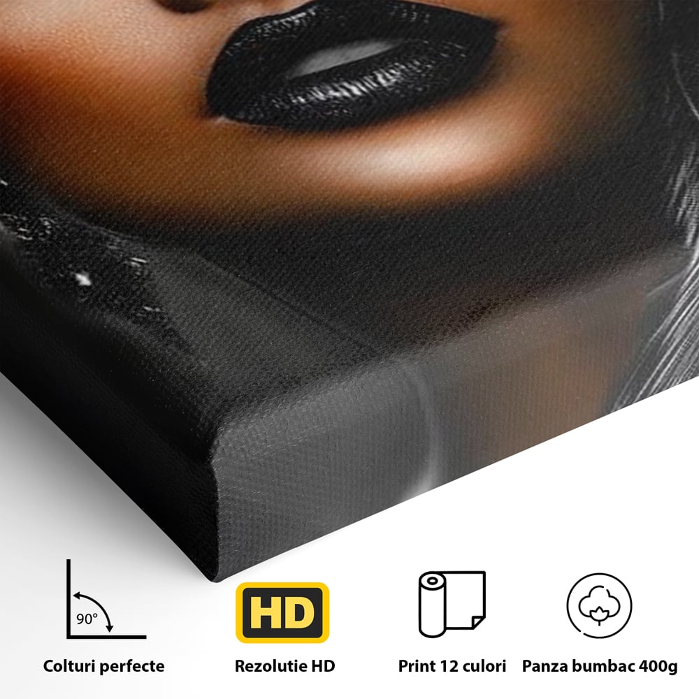 Tablou Canvas Premium, LuxCanva® G1183, Diamantul Negru, Lux, Intunecat, Pene, Negru, Machiaj, Dramatic, Buze, Aur, Arta, Rafinament, Atmosfera, Cinematic, Birou, Living, Dormitor