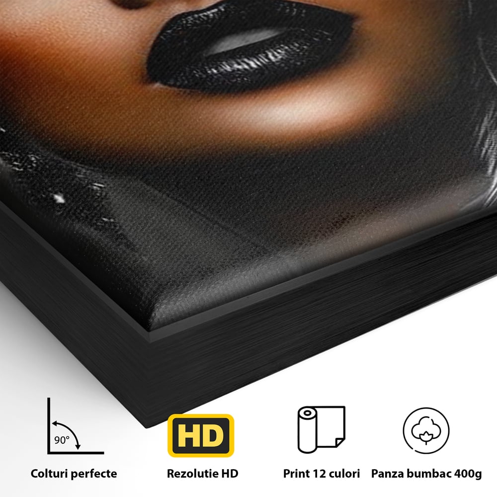 Tablou Canvas Premium, LuxCanva® G1183, Diamantul Negru, Lux, Intunecat, Pene, Negru, Machiaj, Dramatic, Buze, Aur, Arta, Rafinament, Atmosfera, Cinematic, Birou, Living, Dormitor