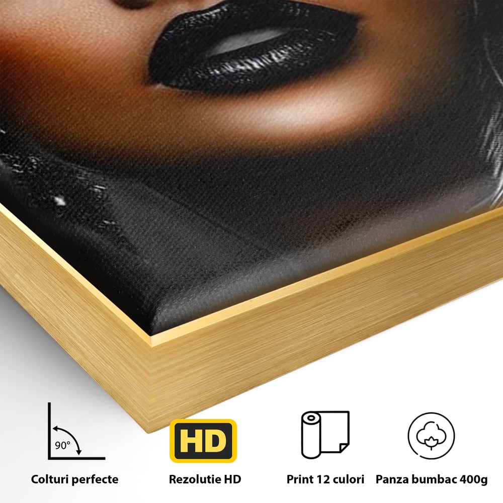Tablou Canvas Premium, LuxCanva® G1183, Diamantul Negru, Lux, Intunecat, Pene, Negru, Machiaj, Dramatic, Buze, Aur, Arta, Rafinament, Atmosfera, Cinematic, Birou, Living, Dormitor