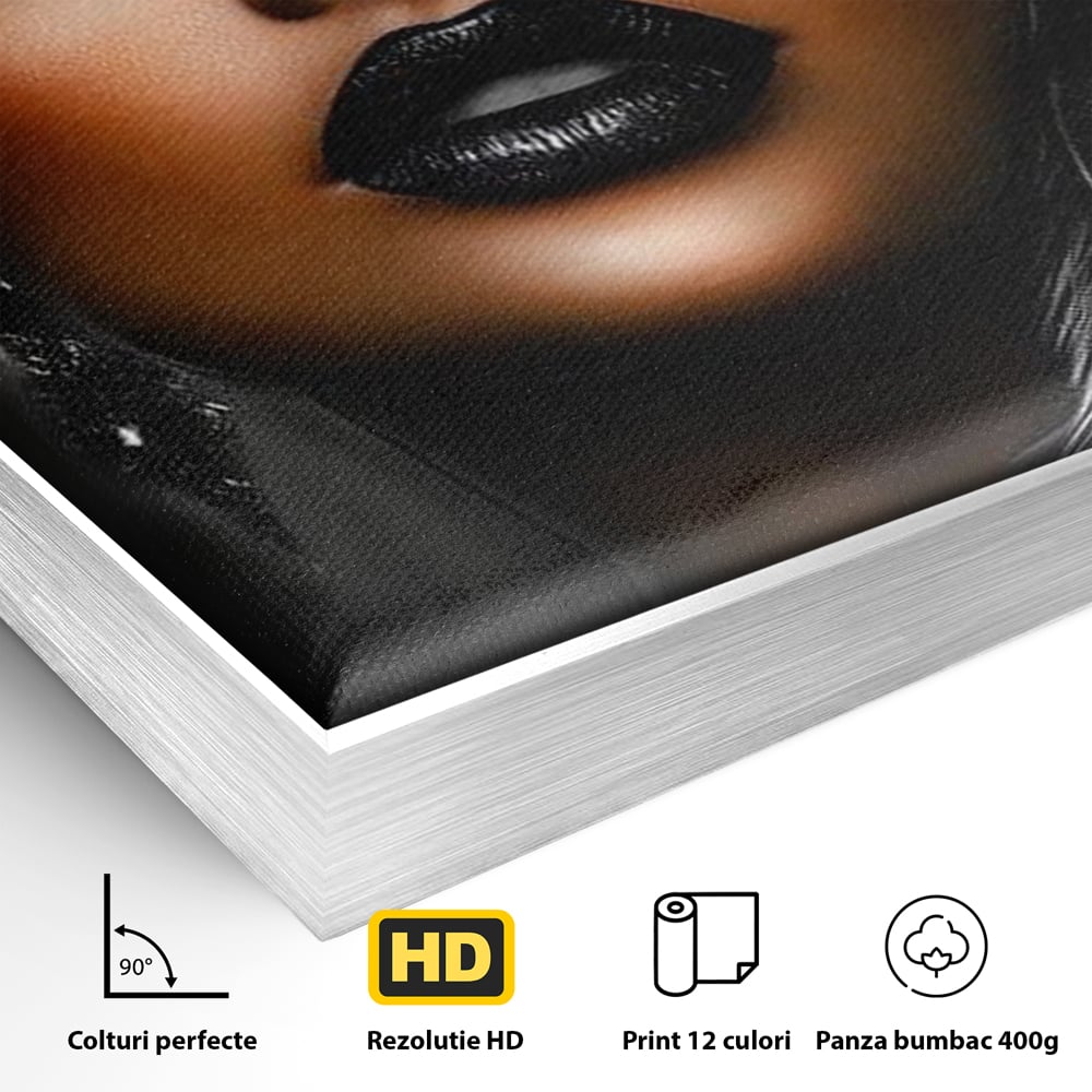 Tablou Canvas Premium, LuxCanva® G1183, Diamantul Negru, Lux, Intunecat, Pene, Negru, Machiaj, Dramatic, Buze, Aur, Arta, Rafinament, Atmosfera, Cinematic, Birou, Living, Dormitor