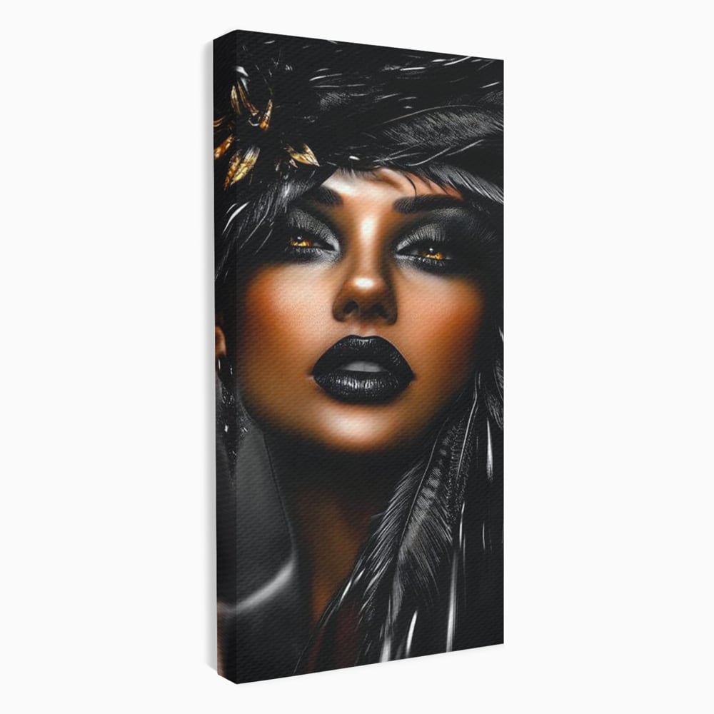 Tablou Canvas Premium, LuxCanva® G1183, Diamantul Negru, Lux, Intunecat, Pene, Negru, Machiaj, Dramatic, Buze, Aur, Arta, Rafinament, Atmosfera, Cinematic, Birou, Living, Dormitor