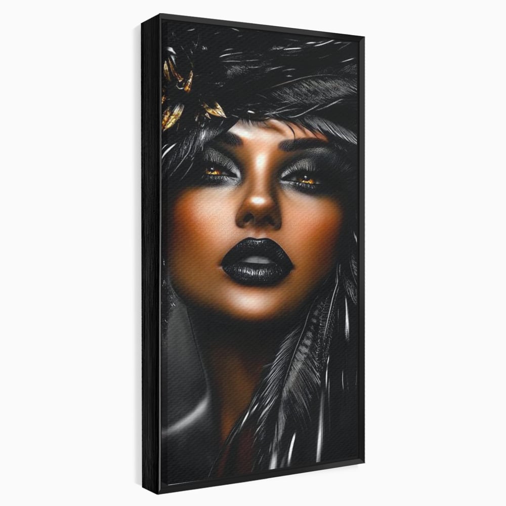 Tablou Canvas Premium, LuxCanva® G1183, Diamantul Negru, Lux, Intunecat, Pene, Negru, Machiaj, Dramatic, Buze, Aur, Arta, Rafinament, Atmosfera, Cinematic, Birou, Living, Dormitor