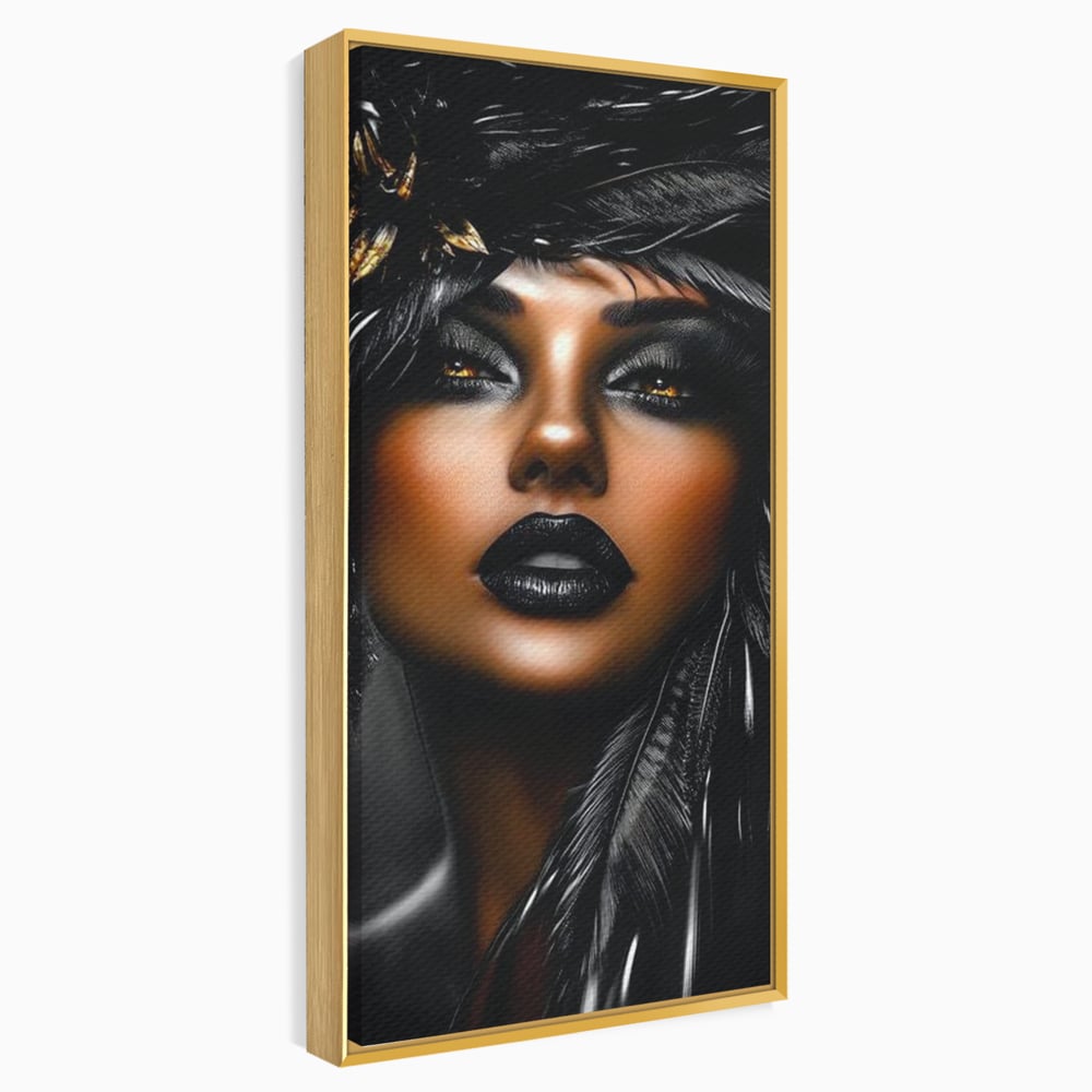 Tablou Canvas Premium, LuxCanva® G1183, Diamantul Negru, Lux, Intunecat, Pene, Negru, Machiaj, Dramatic, Buze, Aur, Arta, Rafinament, Atmosfera, Cinematic, Birou, Living, Dormitor