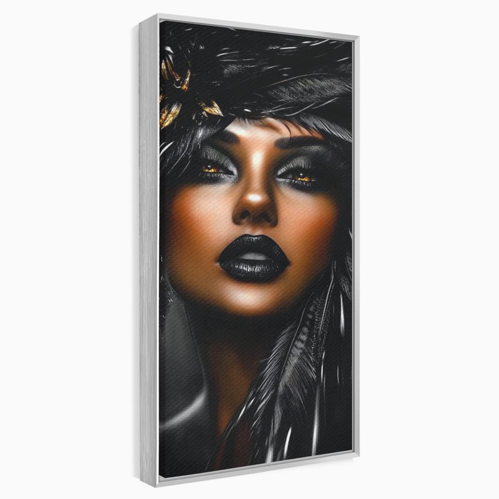 Tablou Canvas Premium, LuxCanva® G1183, Diamantul Negru, Lux, Intunecat, Pene, Negru, Machiaj, Dramatic, Buze, Aur, Arta, Rafinament, Atmosfera, Cinematic, Birou, Living, Dormitor