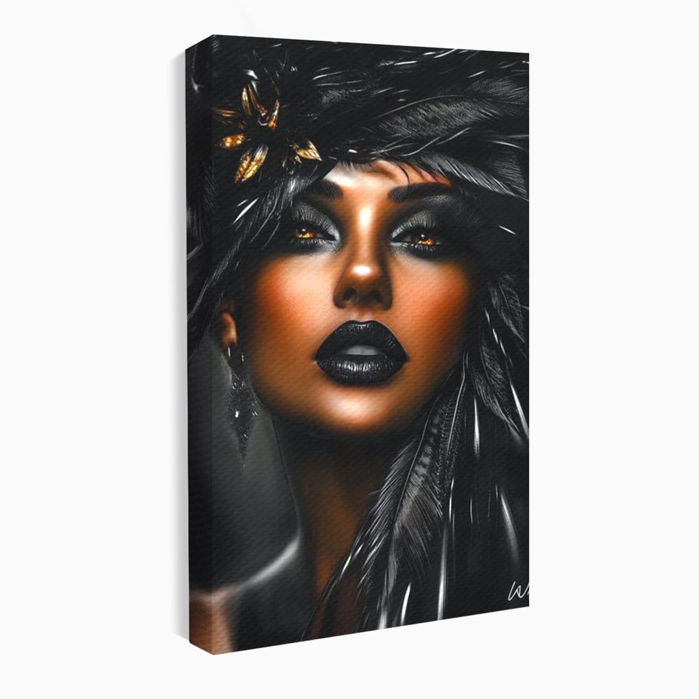 Tablou Canvas Premium, LuxCanva® G1183, Diamantul Negru, Lux, Intunecat, Pene, Negru, Machiaj, Dramatic, Buze, Aur, Arta, Rafinament, Atmosfera, Cinematic, Birou, Living, Dormitor