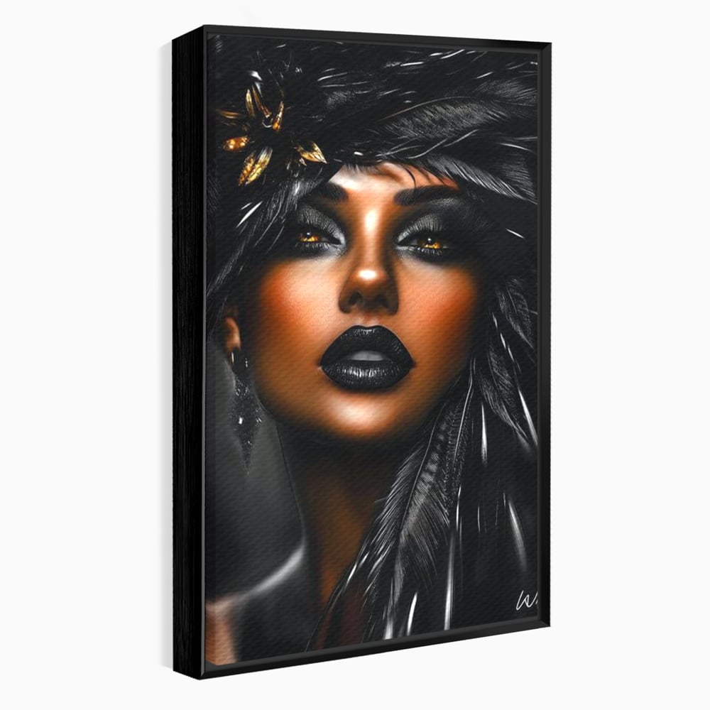 Tablou Canvas Premium, LuxCanva® G1183, Diamantul Negru, Lux, Intunecat, Pene, Negru, Machiaj, Dramatic, Buze, Aur, Arta, Rafinament, Atmosfera, Cinematic, Birou, Living, Dormitor