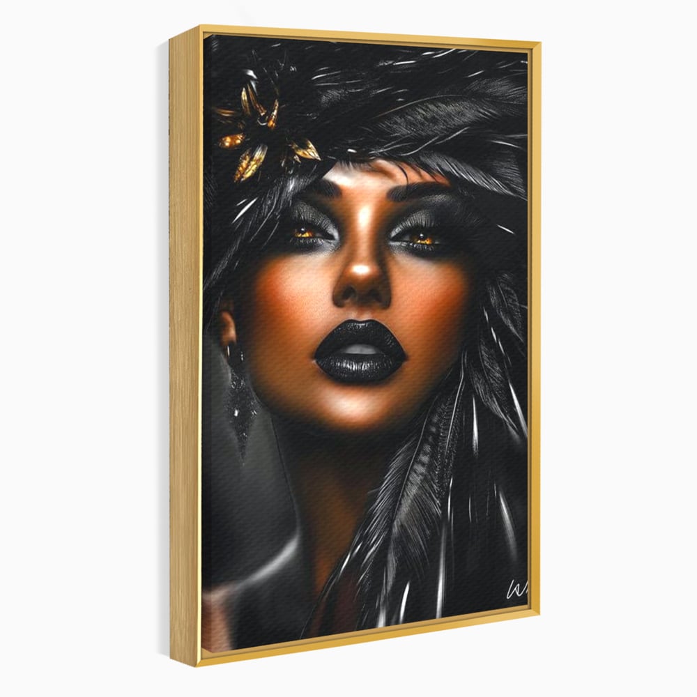 Tablou Canvas Premium, LuxCanva® G1183, Diamantul Negru, Lux, Intunecat, Pene, Negru, Machiaj, Dramatic, Buze, Aur, Arta, Rafinament, Atmosfera, Cinematic, Birou, Living, Dormitor
