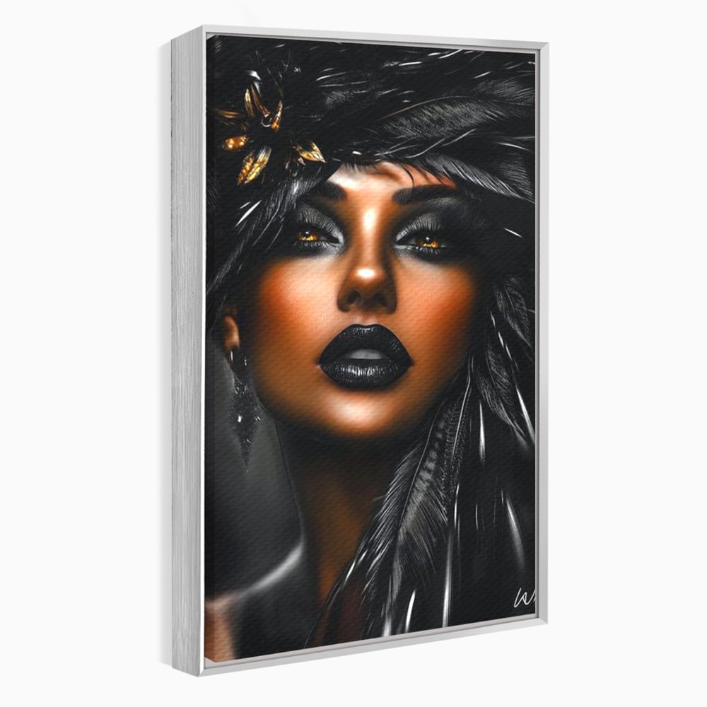 Tablou Canvas Premium, LuxCanva® G1183, Diamantul Negru, Lux, Intunecat, Pene, Negru, Machiaj, Dramatic, Buze, Aur, Arta, Rafinament, Atmosfera, Cinematic, Birou, Living, Dormitor