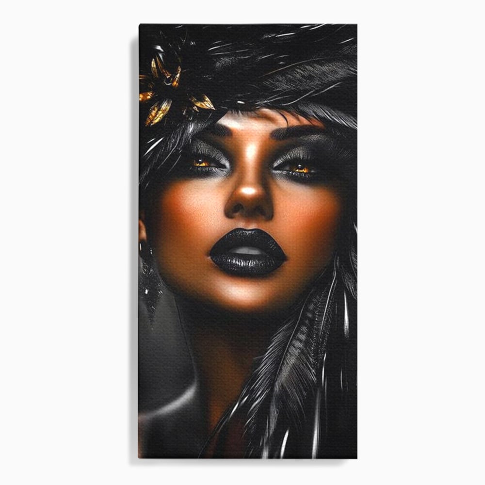 Tablou Canvas Premium, LuxCanva® G1183, Diamantul Negru, Lux, Intunecat, Pene, Negru, Machiaj, Dramatic, Buze, Aur, Arta, Rafinament, Atmosfera, Cinematic, Birou, Living, Dormitor