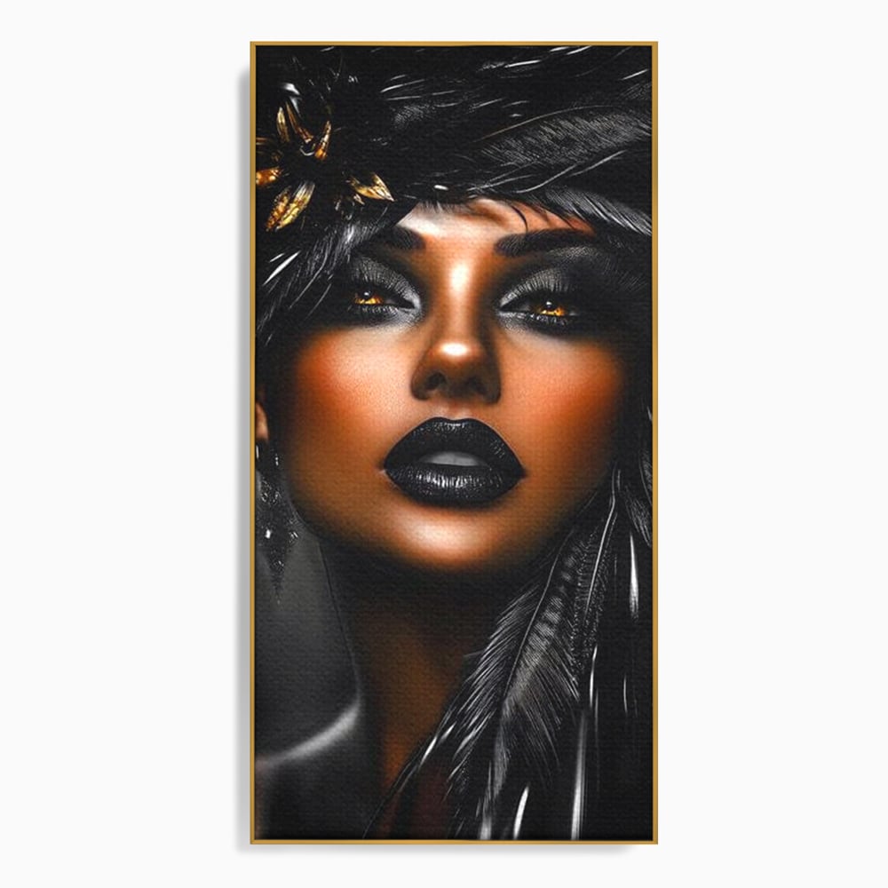 Tablou Canvas Premium, LuxCanva® G1183, Diamantul Negru, Lux, Intunecat, Pene, Negru, Machiaj, Dramatic, Buze, Aur, Arta, Rafinament, Atmosfera, Cinematic, Birou, Living, Dormitor