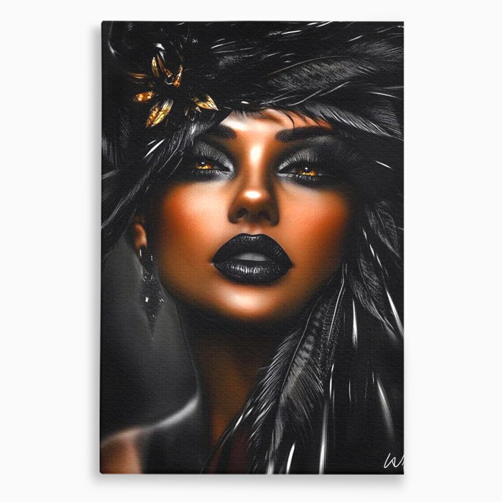 Tablou Canvas Premium, LuxCanva® G1183, Diamantul Negru, Lux, Intunecat, Pene, Negru, Machiaj, Dramatic, Buze, Aur, Arta, Rafinament, Atmosfera, Cinematic, Birou, Living, Dormitor