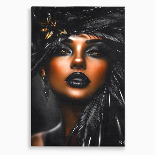 Tablou Canvas Premium, LuxCanva® G1183, Diamantul Negru, Lux, Intunecat, Pene, Negru, Machiaj, Dramatic, Buze, Aur, Arta, Rafinament, Atmosfera, Cinematic, Birou, Living, Dormitor