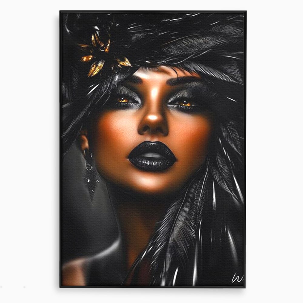 Tablou Canvas Premium, LuxCanva® G1183, Diamantul Negru, Lux, Intunecat, Pene, Negru, Machiaj, Dramatic, Buze, Aur, Arta, Rafinament, Atmosfera, Cinematic, Birou, Living, Dormitor