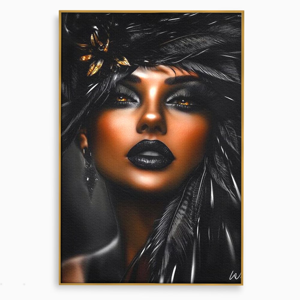 Tablou Canvas Premium, LuxCanva® G1183, Diamantul Negru, Lux, Intunecat, Pene, Negru, Machiaj, Dramatic, Buze, Aur, Arta, Rafinament, Atmosfera, Cinematic, Birou, Living, Dormitor