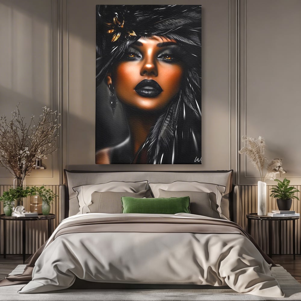 Tablou Canvas Premium, LuxCanva® G1183, Diamantul Negru, Lux, Intunecat, Pene, Negru, Machiaj, Dramatic, Buze, Aur, Arta, Rafinament, Atmosfera, Cinematic, Birou, Living, Dormitor