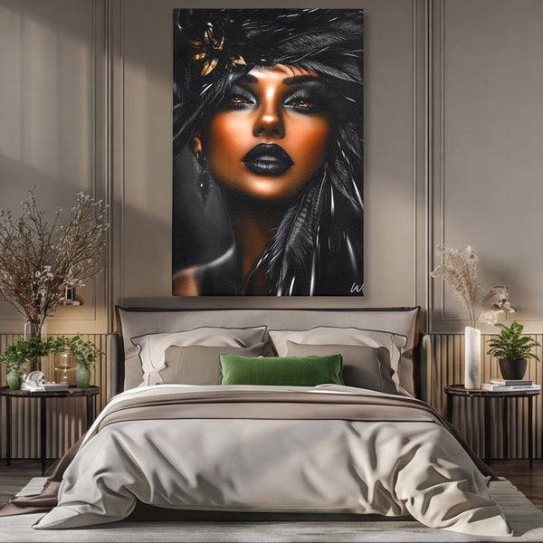 Tablou Canvas Premium, LuxCanva® G1183, Diamantul Negru, Lux, Intunecat, Pene, Negru, Machiaj, Dramatic, Buze, Aur, Arta, Rafinament, Atmosfera, Cinematic, Birou, Living, Dormitor