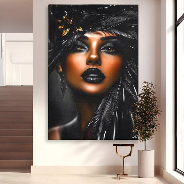 Tablou Canvas Premium, LuxCanva® G1183, Diamantul Negru, Lux, Intunecat, Pene, Negru, Machiaj, Dramatic, Buze, Aur, Arta, Rafinament, Atmosfera, Cinematic, Birou, Living, Dormitor