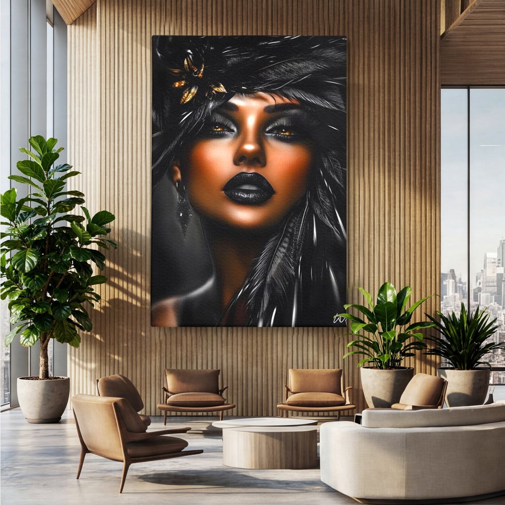 Tablou Canvas Premium, LuxCanva® G1183, Diamantul Negru, Lux, Intunecat, Pene, Negru, Machiaj, Dramatic, Buze, Aur, Arta, Rafinament, Atmosfera, Cinematic, Birou, Living, Dormitor