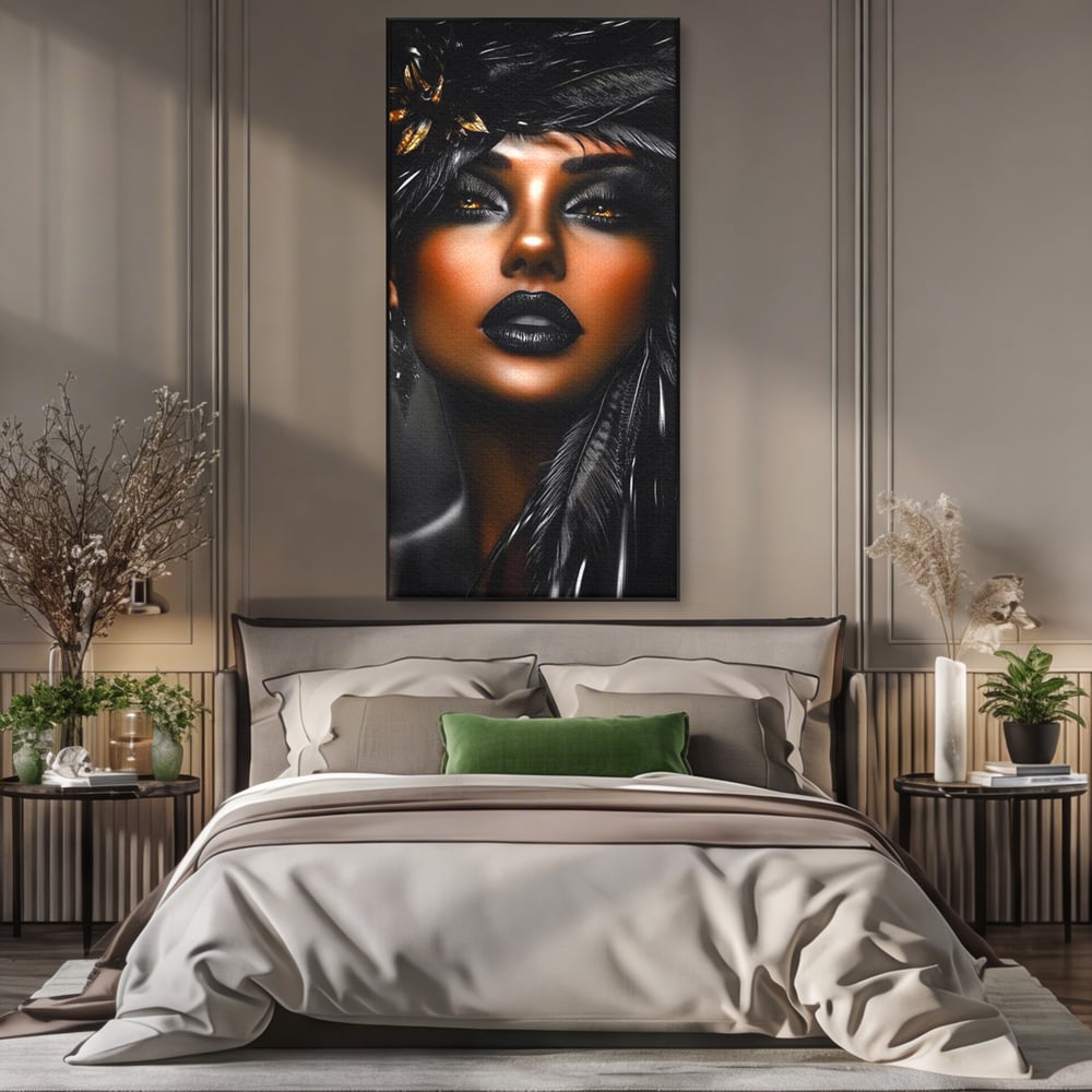 Tablou Canvas Premium, LuxCanva® G1183, Diamantul Negru, Lux, Intunecat, Pene, Negru, Machiaj, Dramatic, Buze, Aur, Arta, Rafinament, Atmosfera, Cinematic, Birou, Living, Dormitor