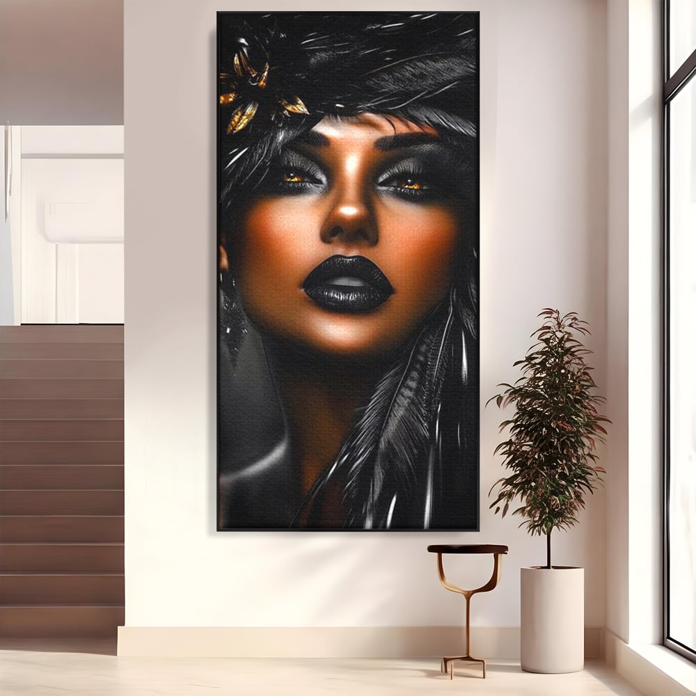 Tablou Canvas Premium, LuxCanva® G1183, Diamantul Negru, Lux, Intunecat, Pene, Negru, Machiaj, Dramatic, Buze, Aur, Arta, Rafinament, Atmosfera, Cinematic, Birou, Living, Dormitor
