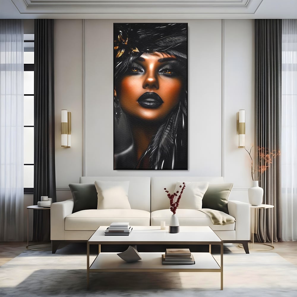 Tablou Canvas Premium, LuxCanva® G1183, Diamantul Negru, Lux, Intunecat, Pene, Negru, Machiaj, Dramatic, Buze, Aur, Arta, Rafinament, Atmosfera, Cinematic, Birou, Living, Dormitor