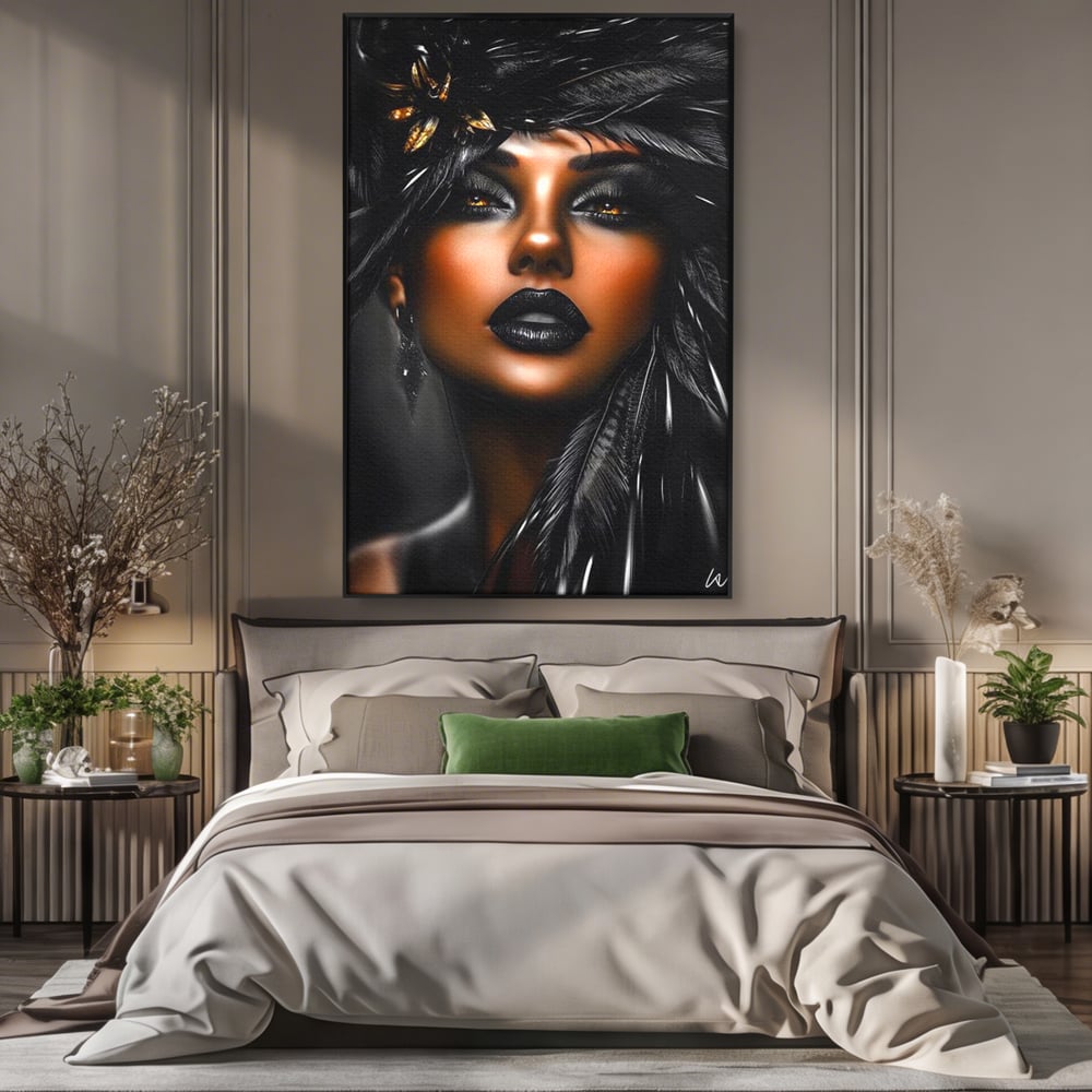 Tablou Canvas Premium, LuxCanva® G1183, Diamantul Negru, Lux, Intunecat, Pene, Negru, Machiaj, Dramatic, Buze, Aur, Arta, Rafinament, Atmosfera, Cinematic, Birou, Living, Dormitor