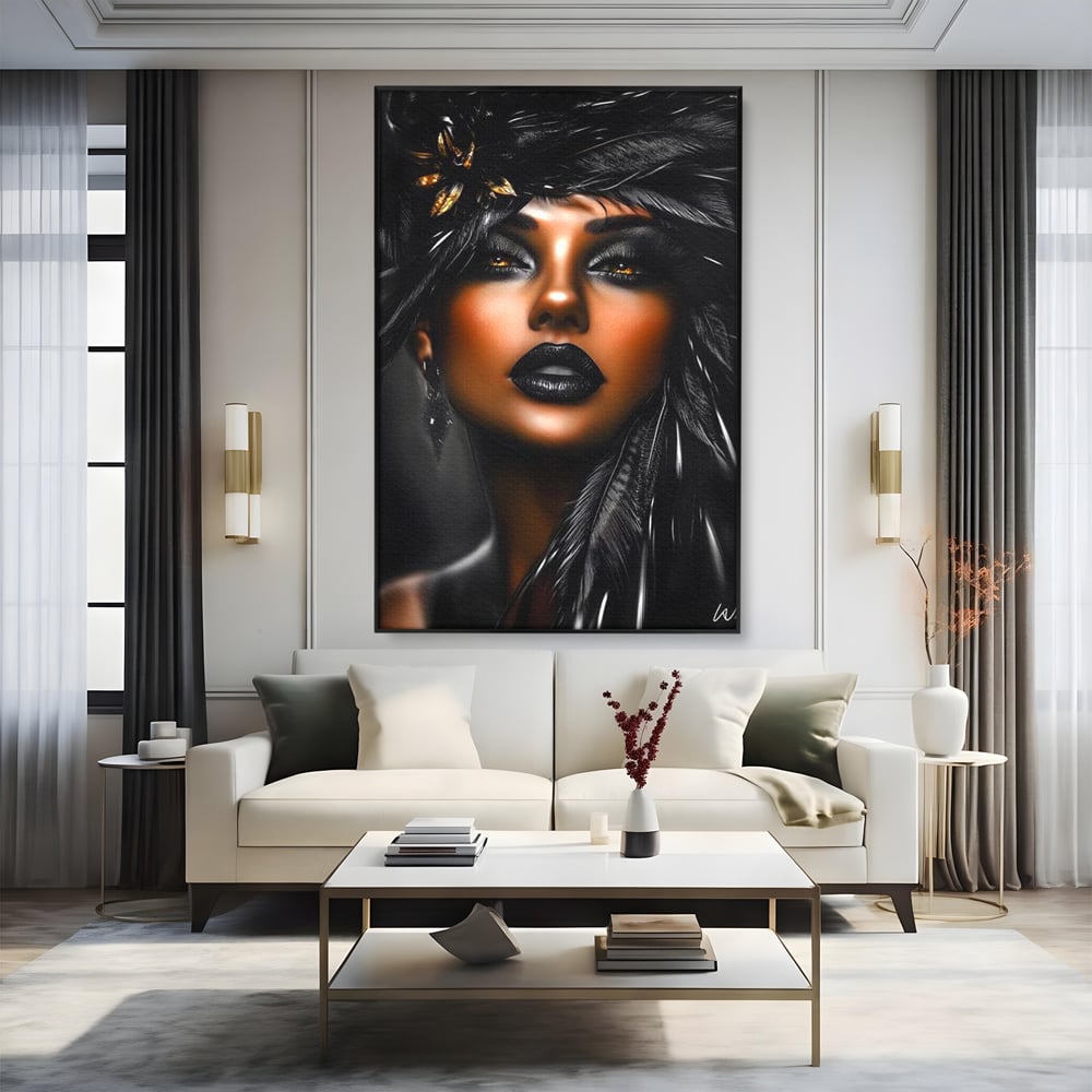 Tablou Canvas Premium, LuxCanva® G1183, Diamantul Negru, Lux, Intunecat, Pene, Negru, Machiaj, Dramatic, Buze, Aur, Arta, Rafinament, Atmosfera, Cinematic, Birou, Living, Dormitor