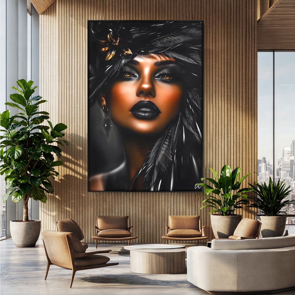 Tablou Canvas Premium, LuxCanva® G1183, Diamantul Negru, Lux, Intunecat, Pene, Negru, Machiaj, Dramatic, Buze, Aur, Arta, Rafinament, Atmosfera, Cinematic, Birou, Living, Dormitor