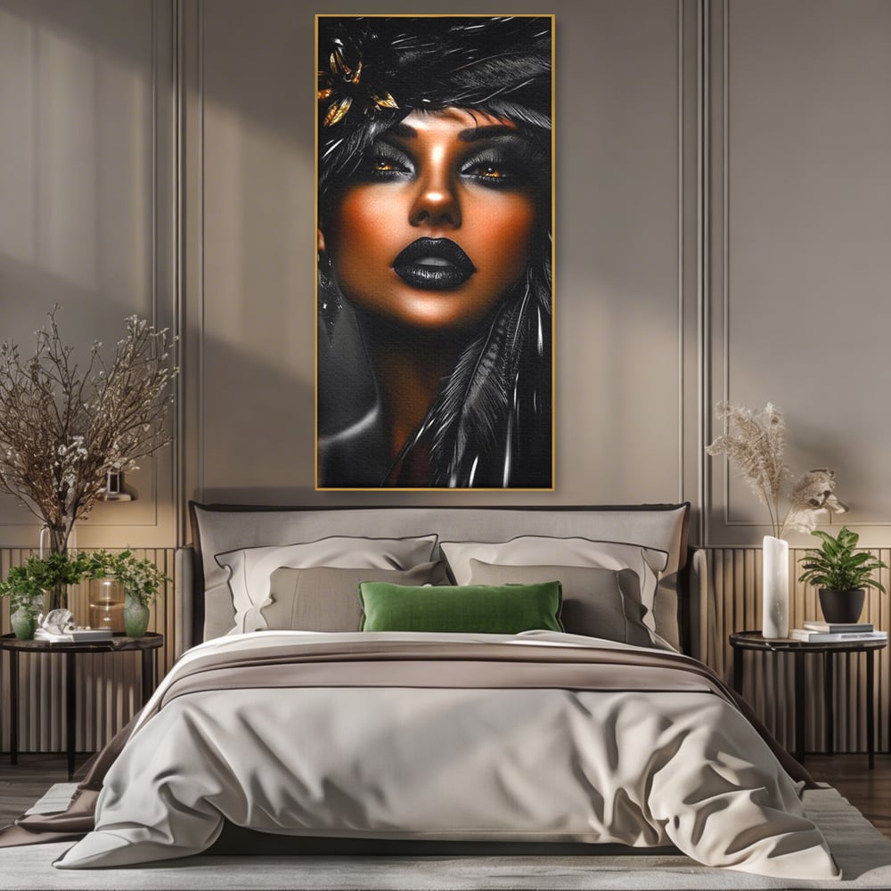 Tablou Canvas Premium, LuxCanva® G1183, Diamantul Negru, Lux, Intunecat, Pene, Negru, Machiaj, Dramatic, Buze, Aur, Arta, Rafinament, Atmosfera, Cinematic, Birou, Living, Dormitor