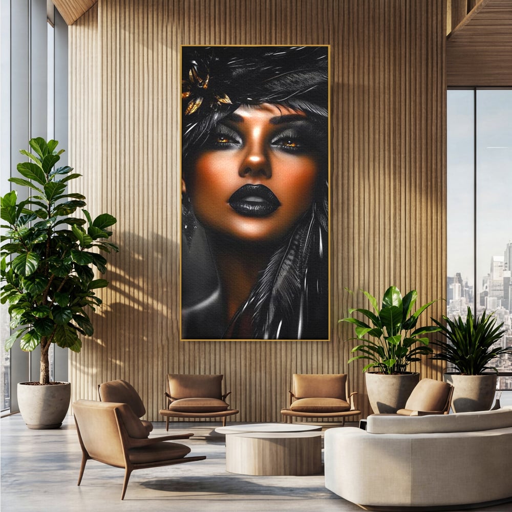 Tablou Canvas Premium, LuxCanva® G1183, Diamantul Negru, Lux, Intunecat, Pene, Negru, Machiaj, Dramatic, Buze, Aur, Arta, Rafinament, Atmosfera, Cinematic, Birou, Living, Dormitor